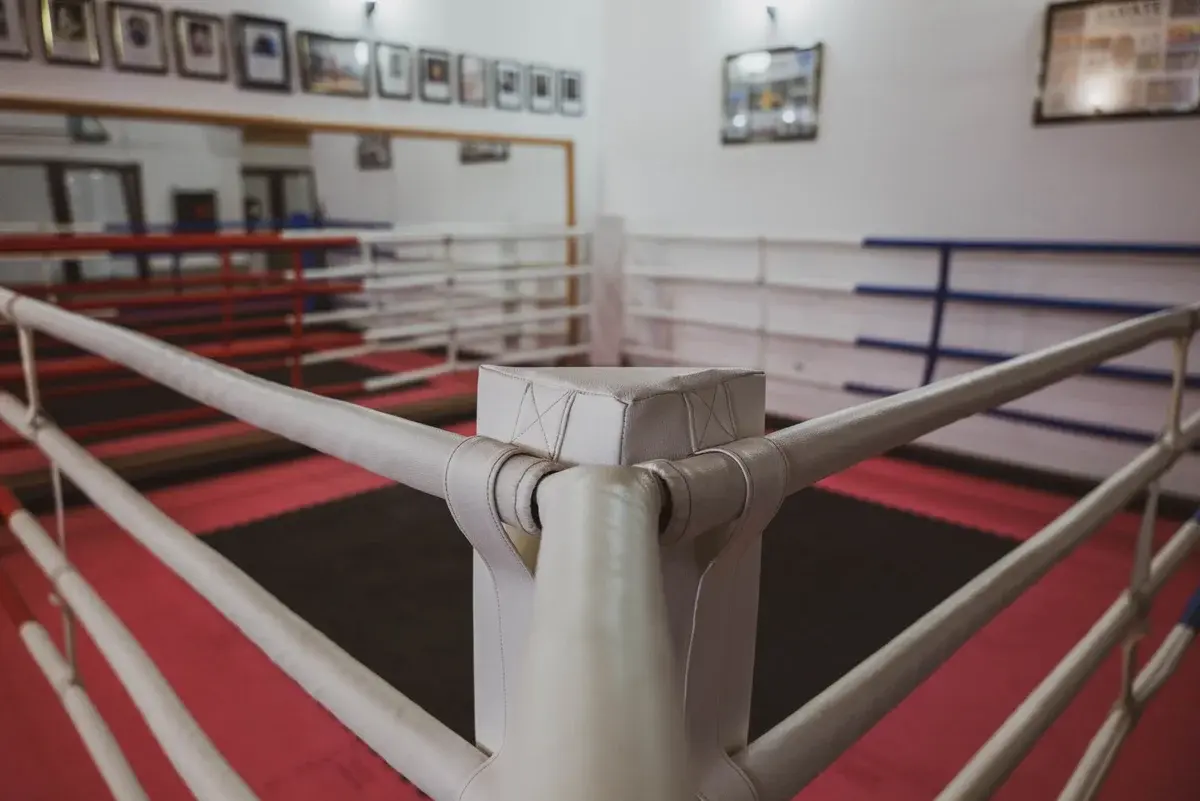 An empty boxing ring in a training room with red and blue ropes and a pink floor.