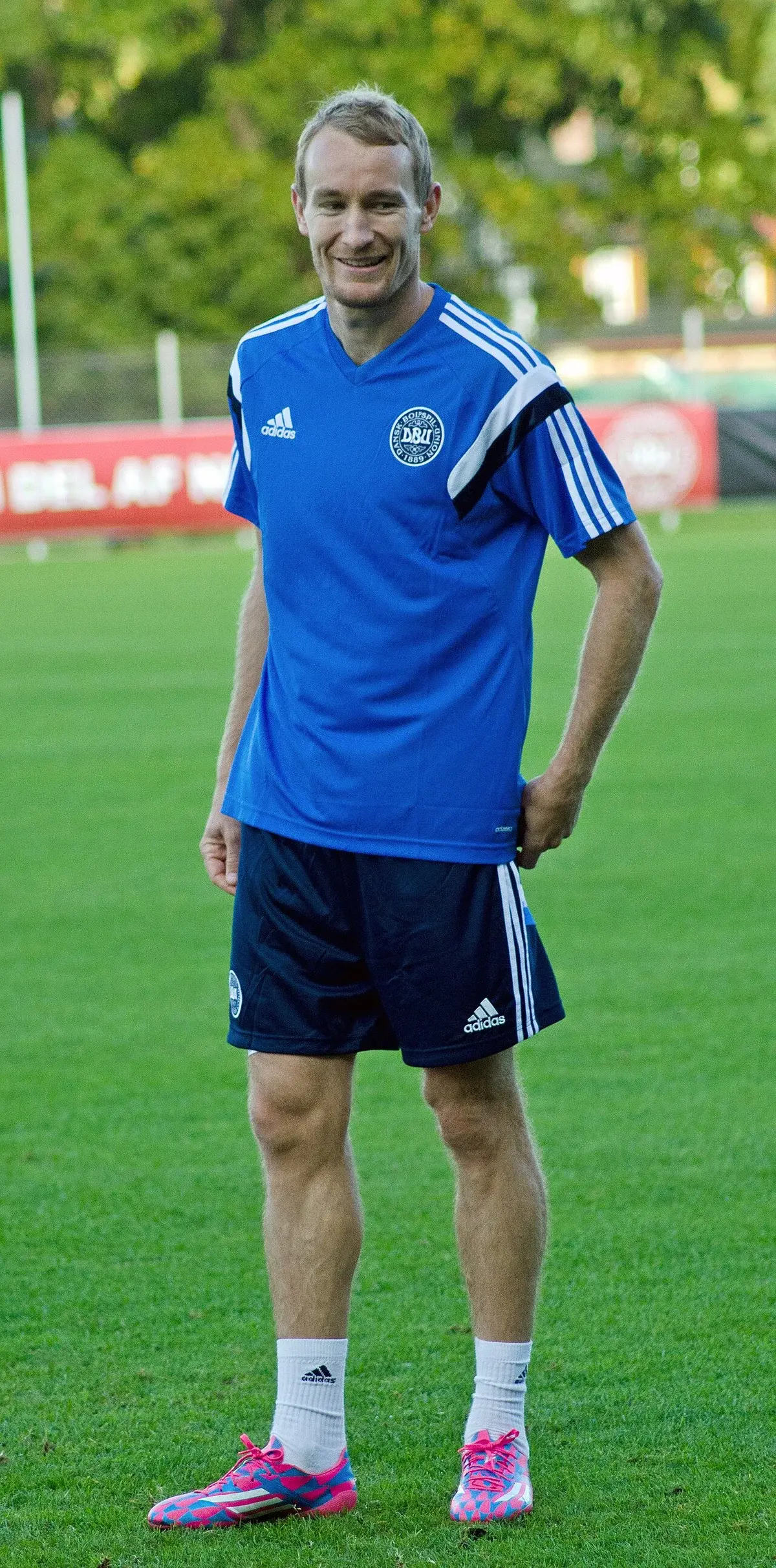 A male footballer in blue Danish training gear stands on a grassy field.