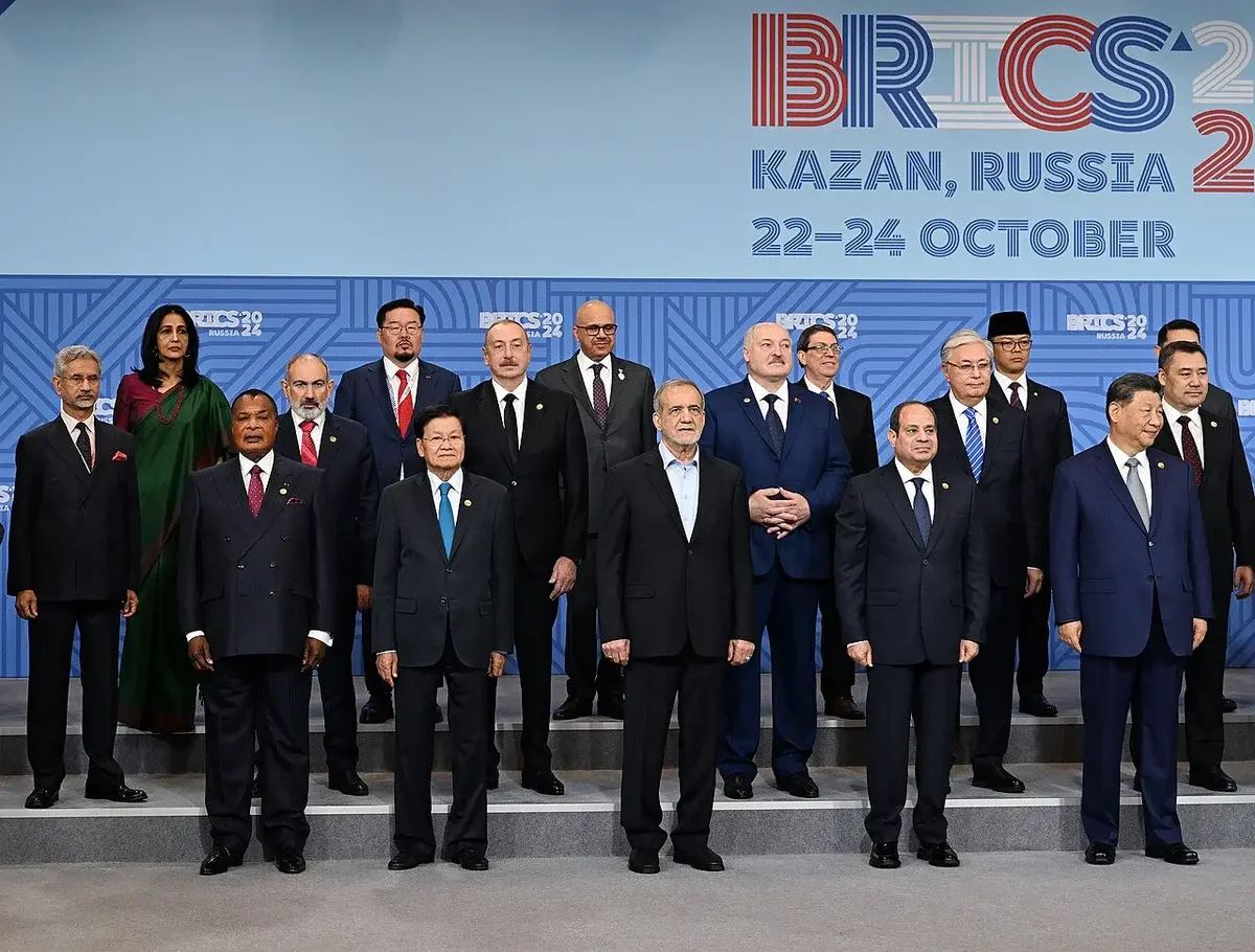 Group of officials posing at the BRICS Summit in Kazan, Russia.