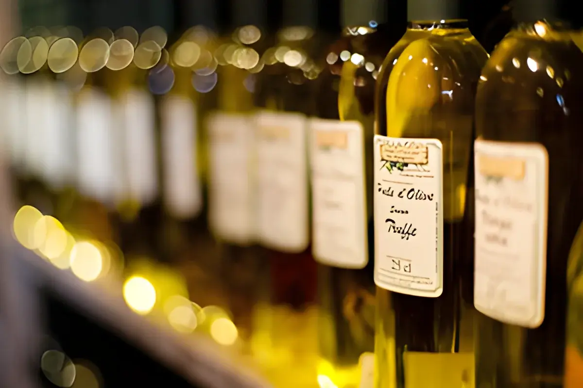 bottles of flavored olive oil on shelf