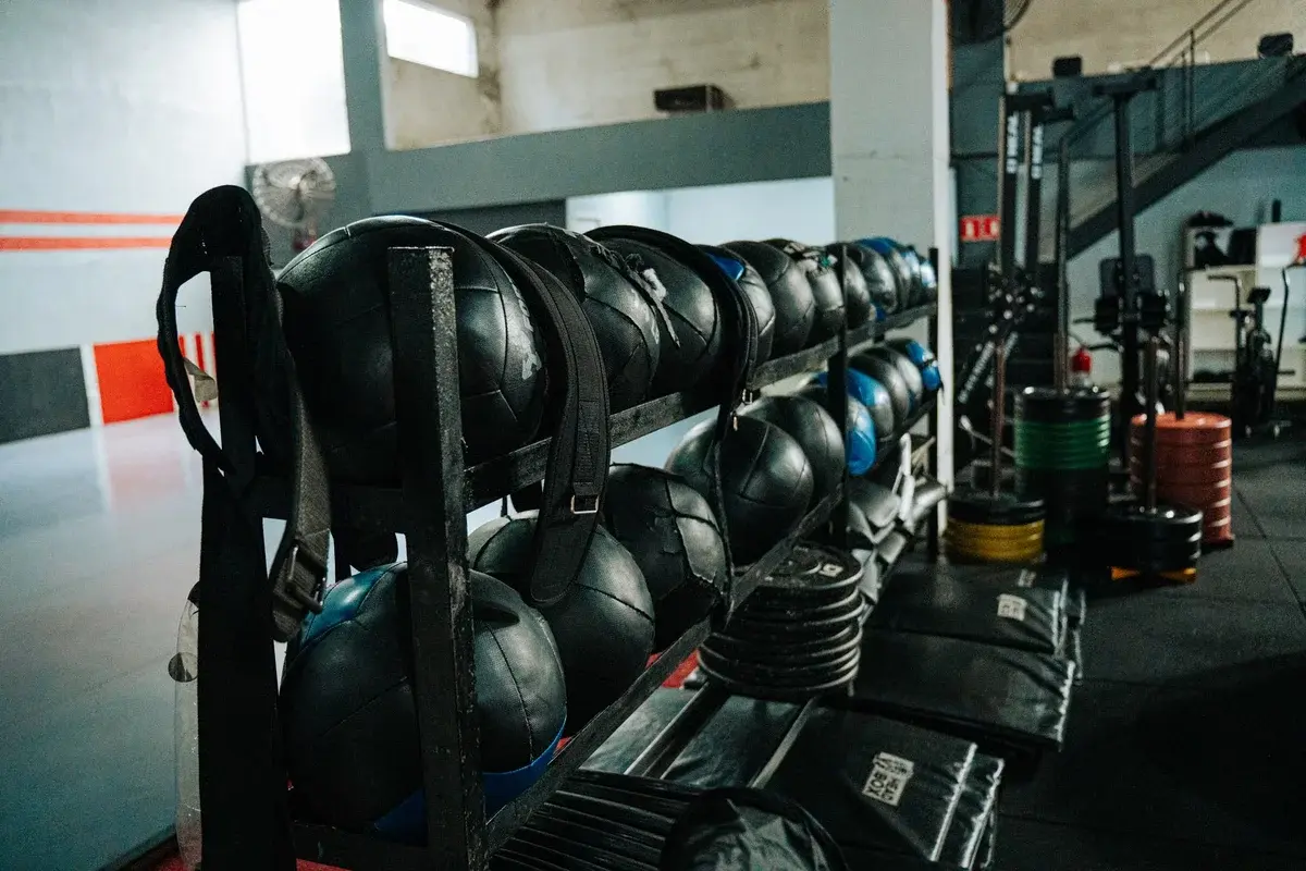Racks with medicine balls and weight plates in gym