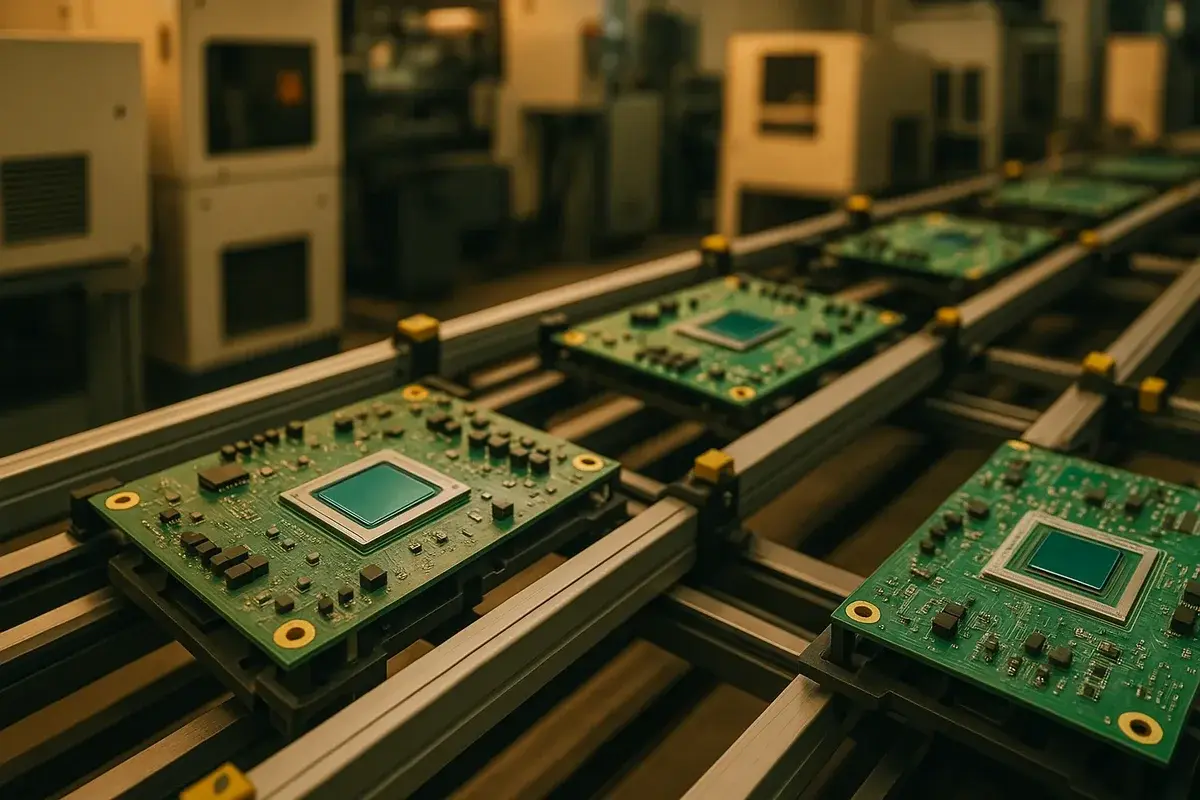 Circuit boards with chips on a conveyor belt in electronic manufacturing