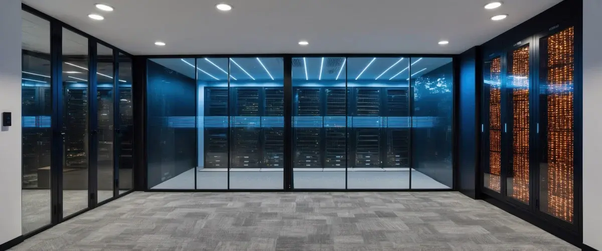 A modern server room seen through glass walls with rows of illuminated racks.