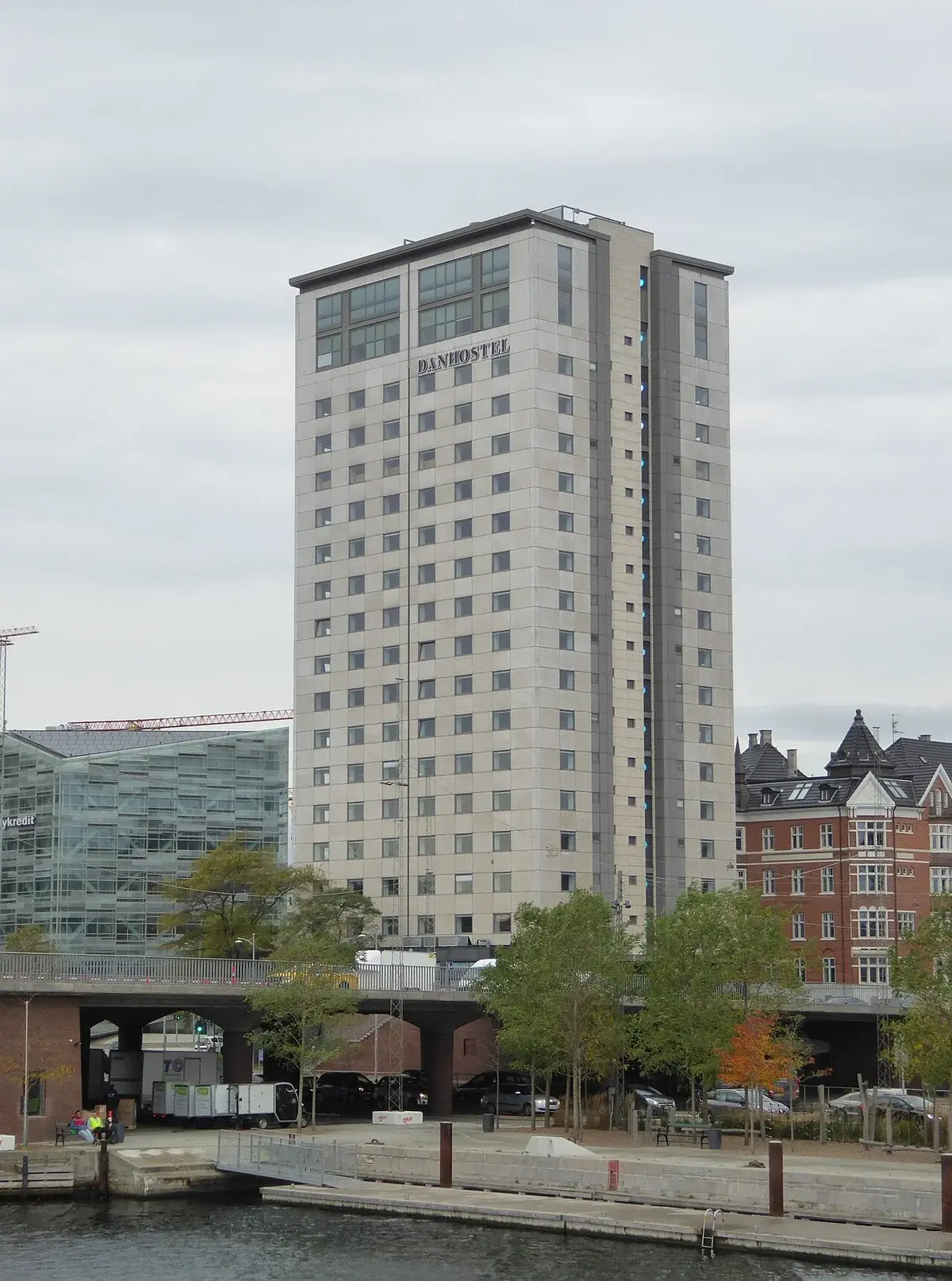 Tall Danhostel Copenhagen City building by the waterfront in Copenhagen.
