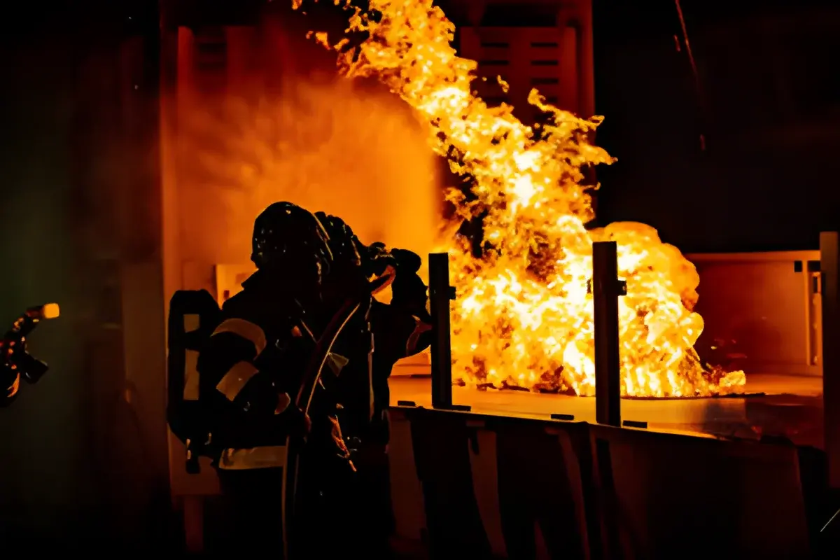 firefighters spraying water on large fire at night