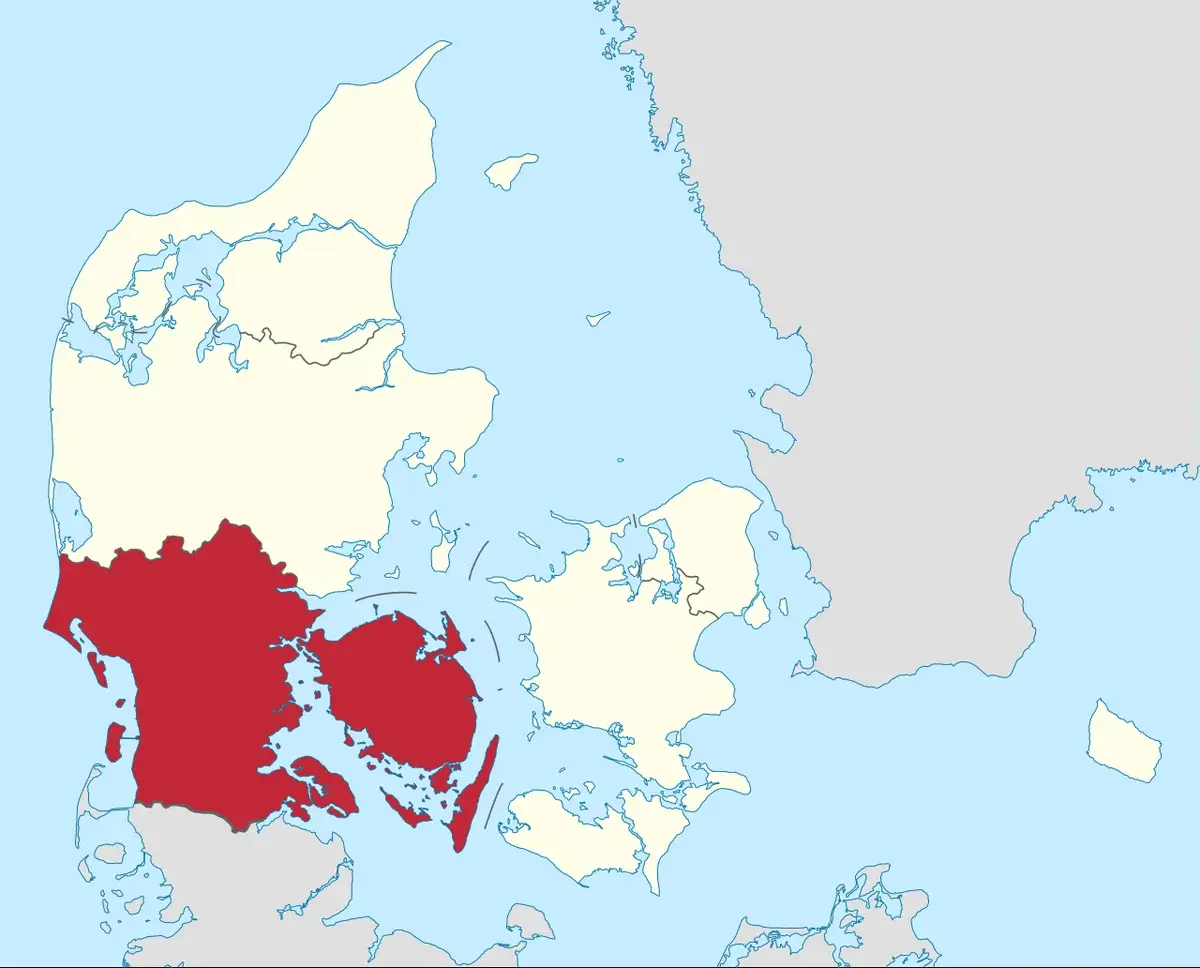 Map of Denmark with Southern Denmark region highlighted in red