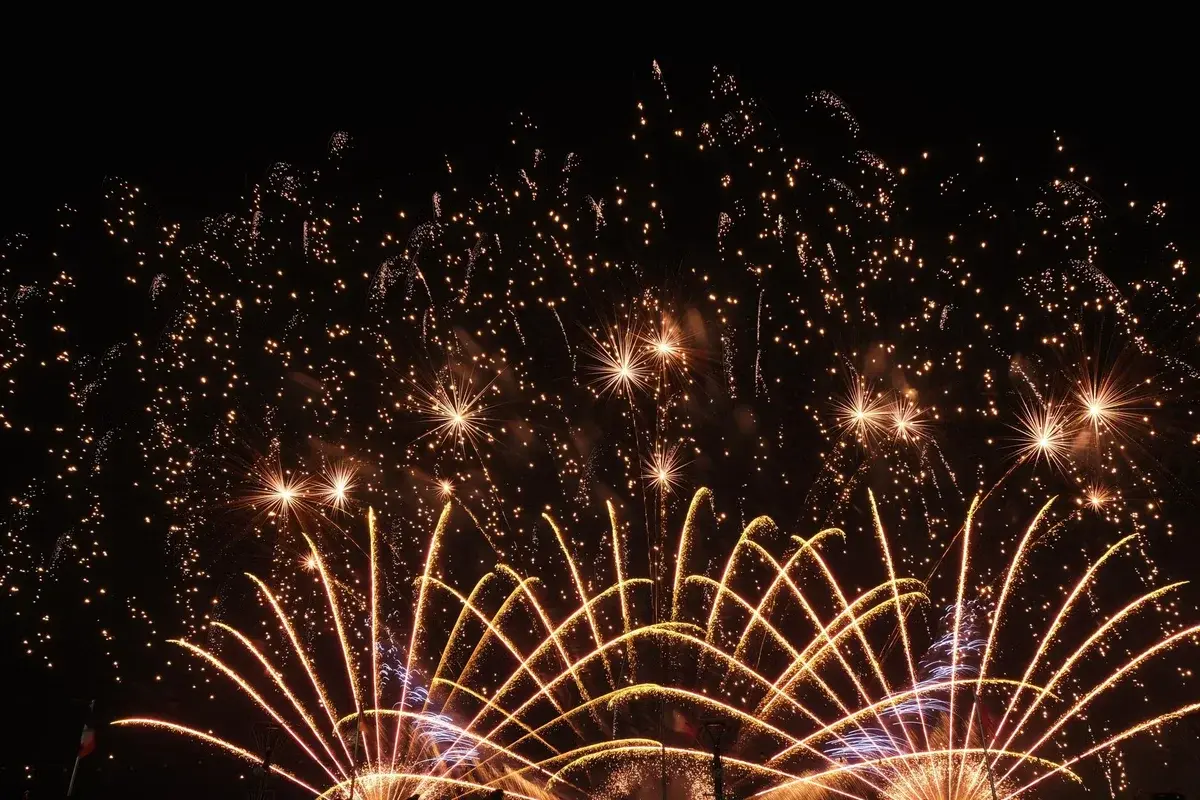 Golden fireworks exploding in the night sky.