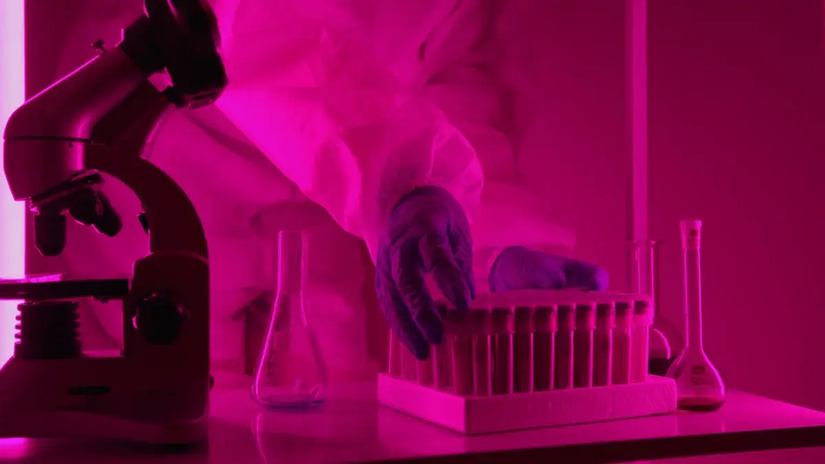 Scientist handling test tubes in lab with pink lighting