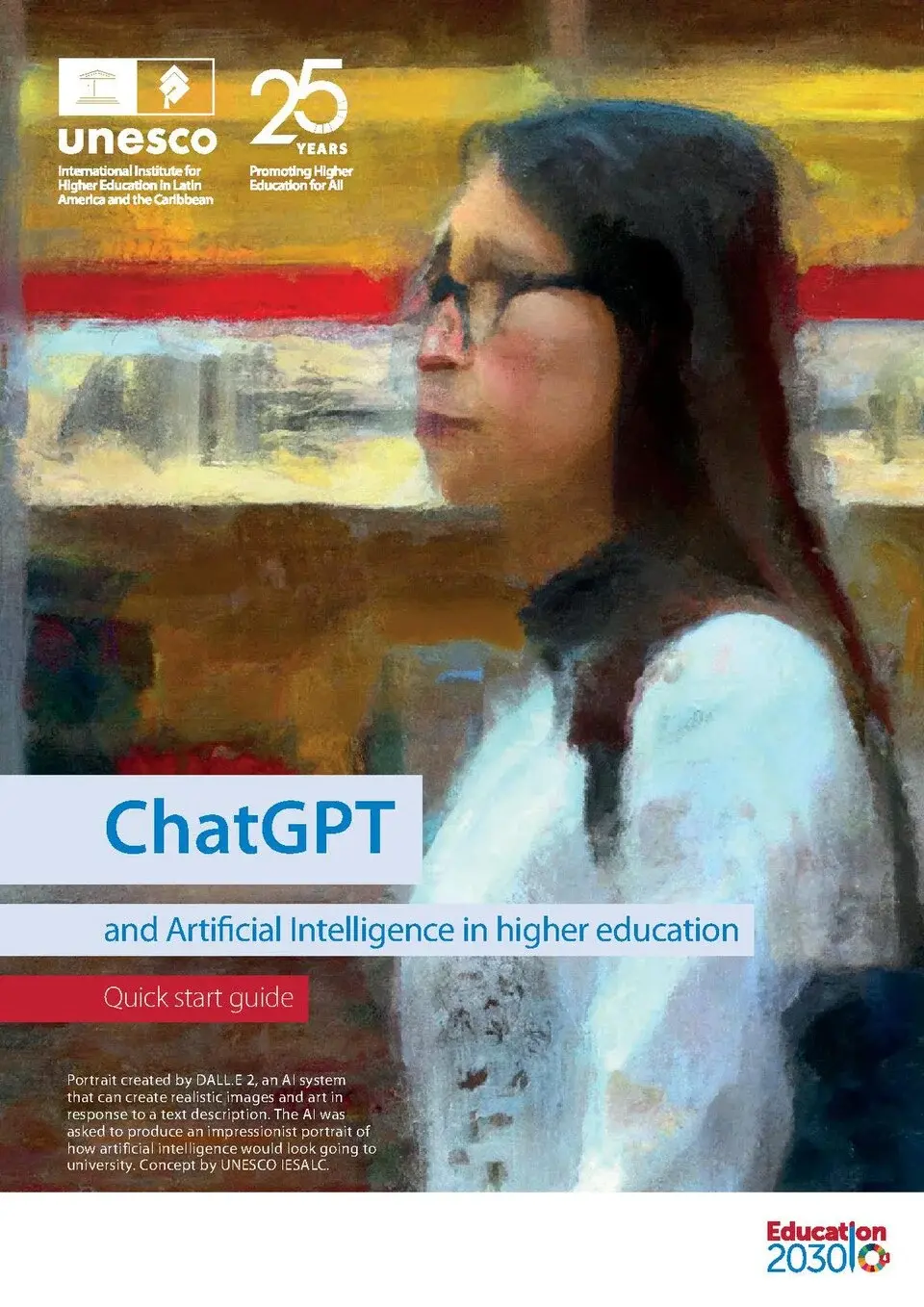 Cover of a report titled ChatGPT and Artificial Intelligence in higher education with an Impressionist-style profile of a person wearing glasses