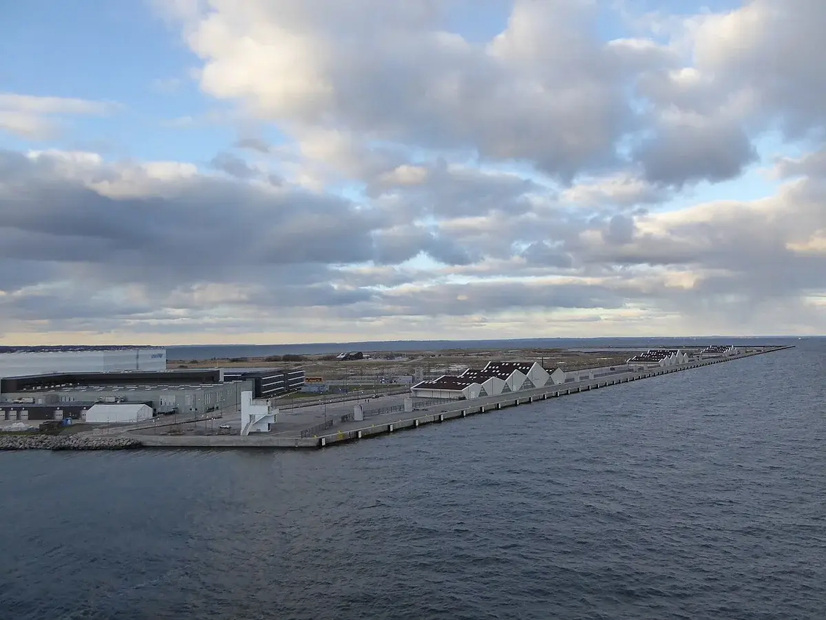 Long pier and terminal buildings at the Oceankaj cruise ship terminal in Copenhagen.