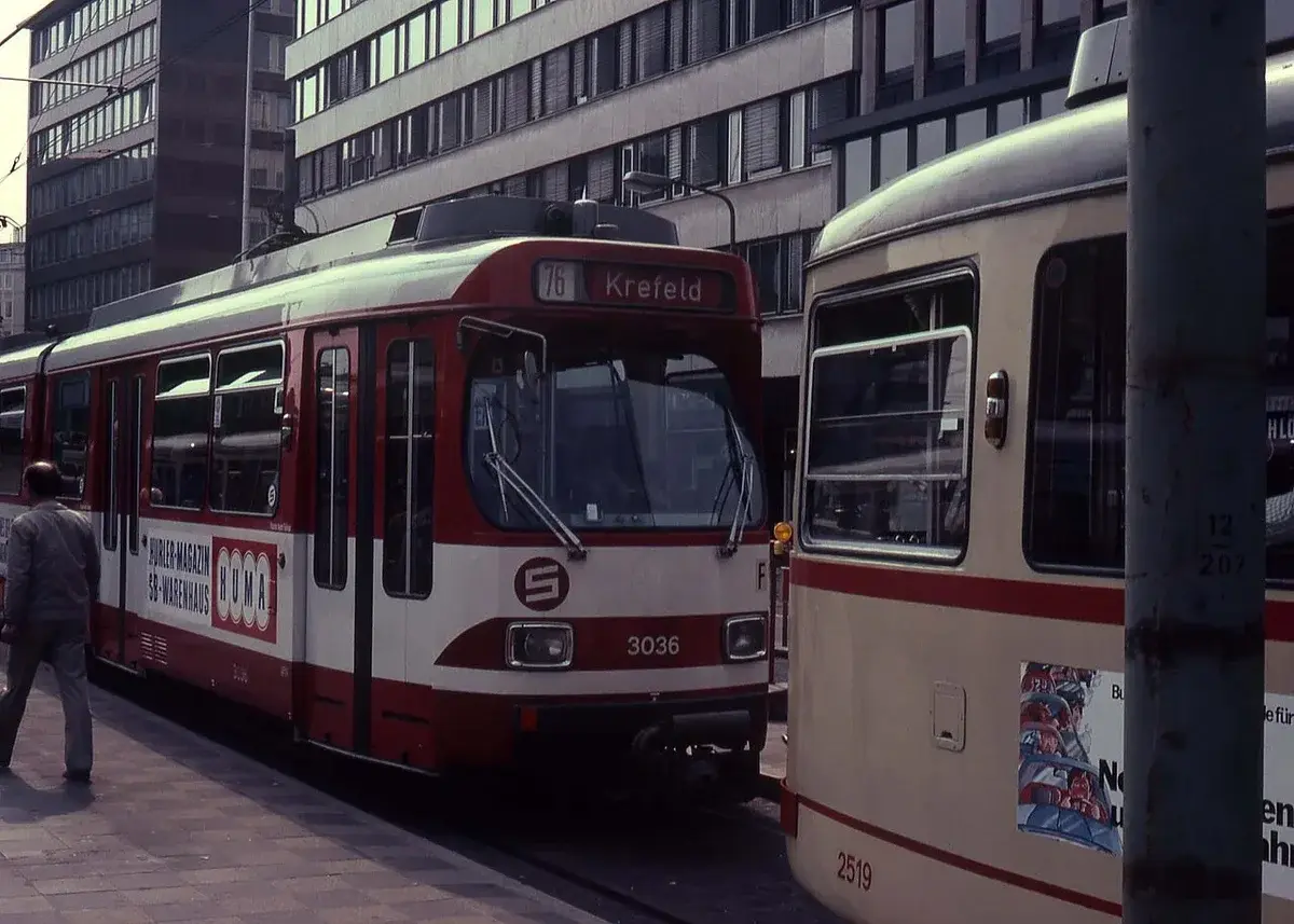 Two trams at a city tram stop in Düsseldorf