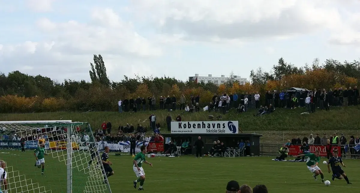 Football match with players on field and spectators on grassy slope