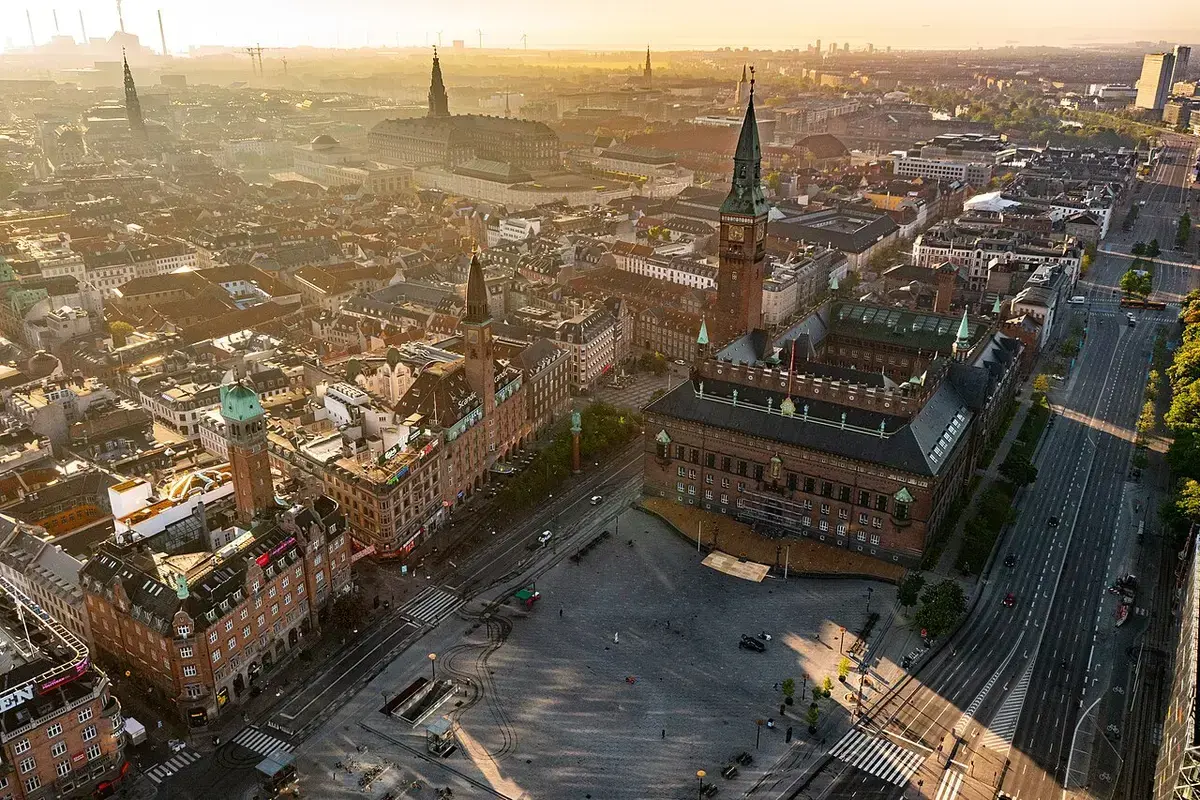 Aerial view of Copenhagen City Hall at sunset