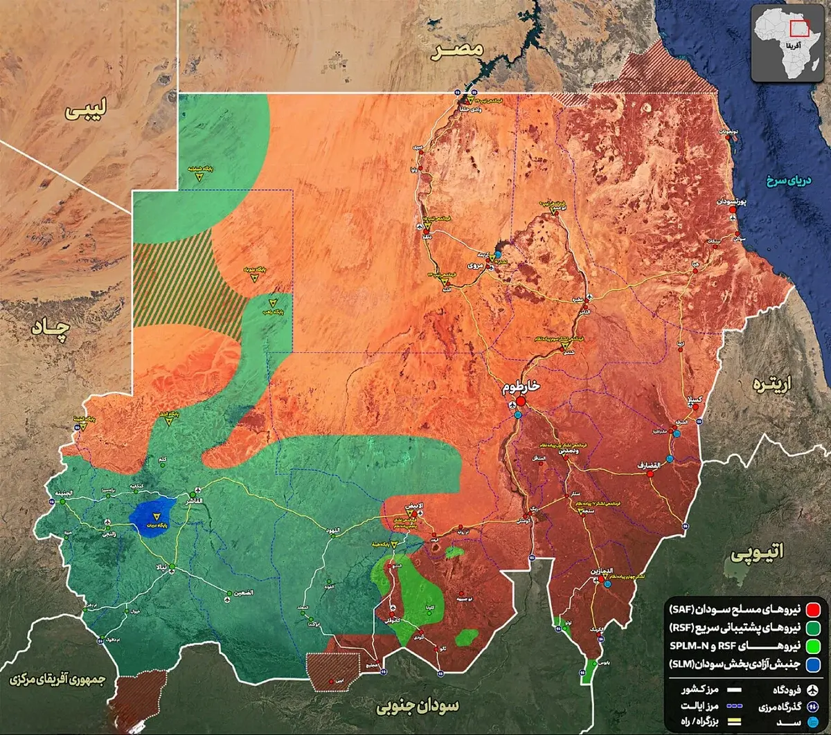 Map of Sudan showing civil war control areas and neighboring countries.