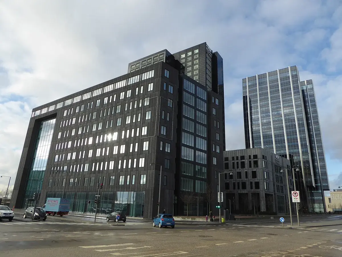 Corner view of Crowne Plaza Copenhagen Towers hotel and adjacent buildings