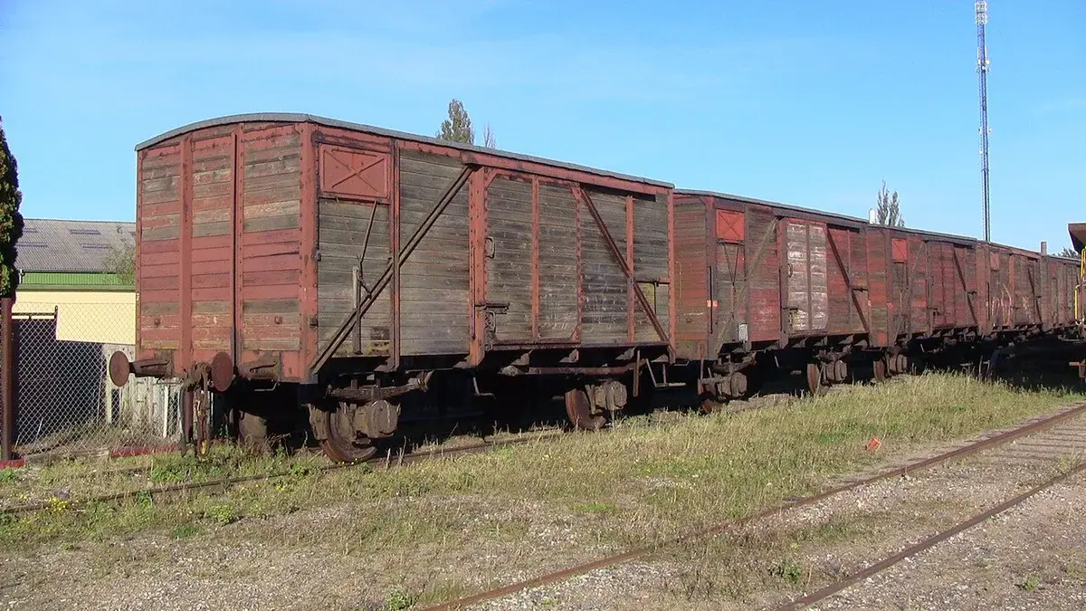 Old wooden railway wagons parked beside tracks at Maribo Station.