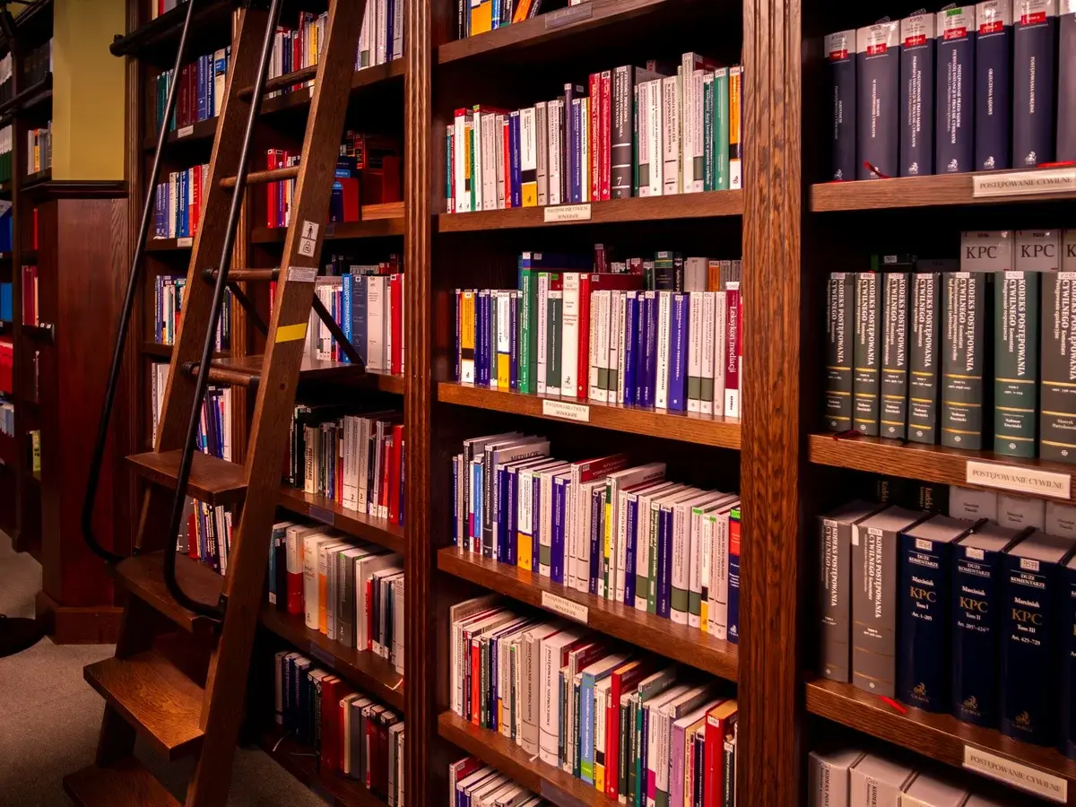 Bookshelves with a ladder in a Polish library, Wrocław.