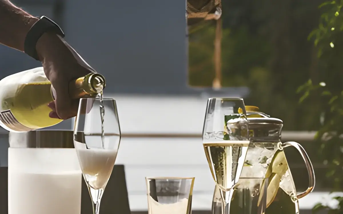 A hand pours champagne into a flute beside other glasses and a pitcher.