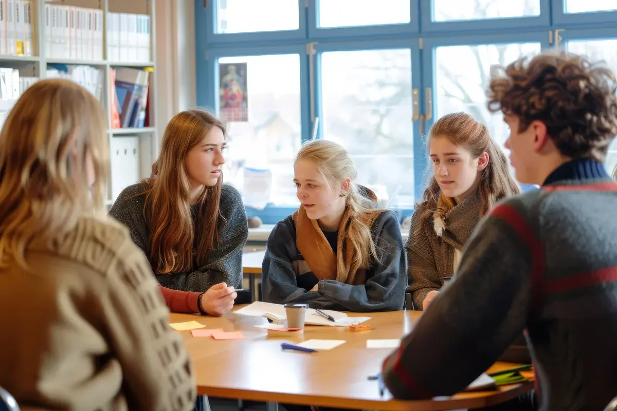 Students discussing around a table in a classroom.