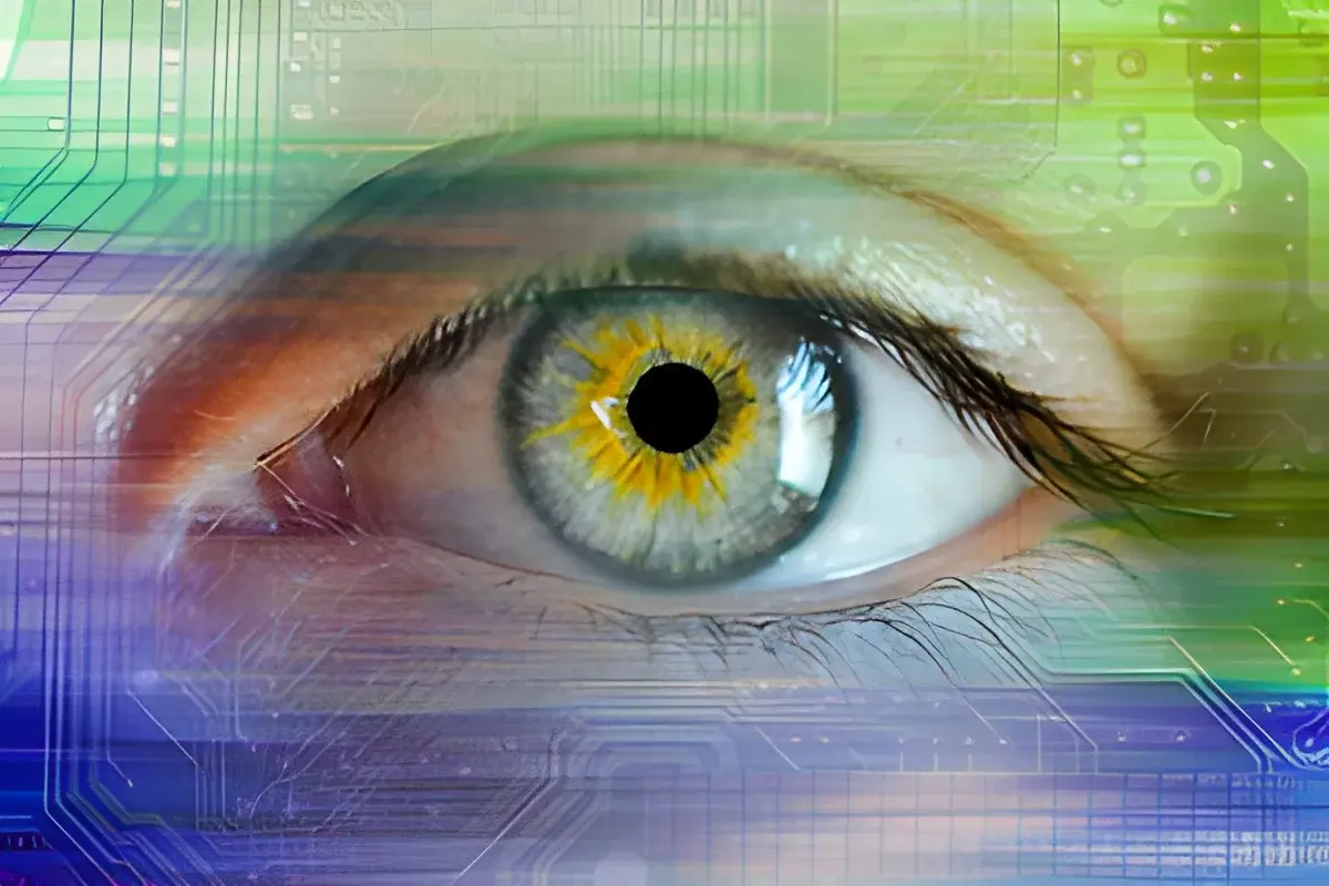 Close-up of a human eye with digital circuit patterns overlay