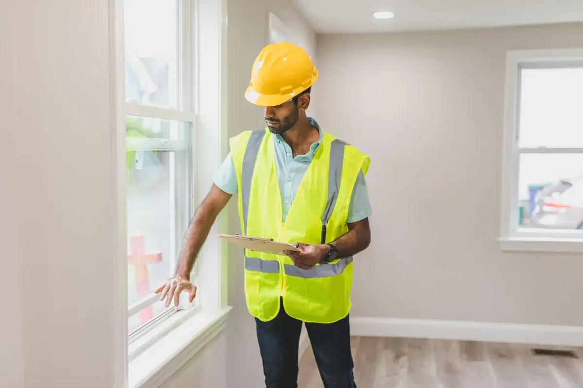 Man in safety vest and hard hat inspecting a window indoors