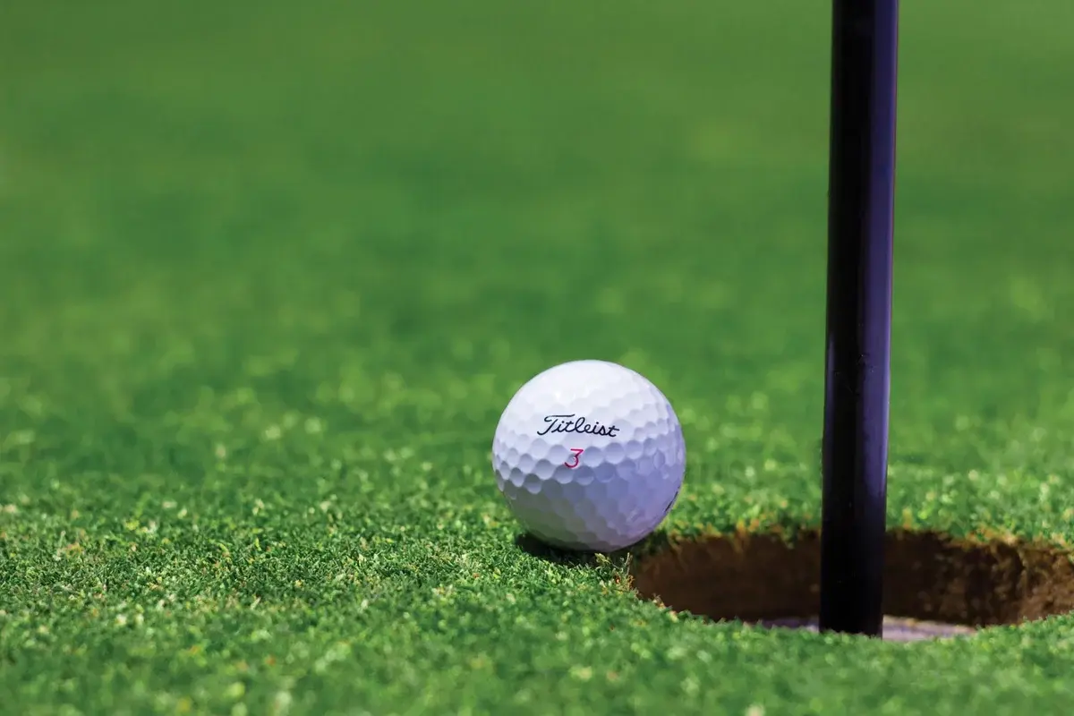 Golf ball near hole on green