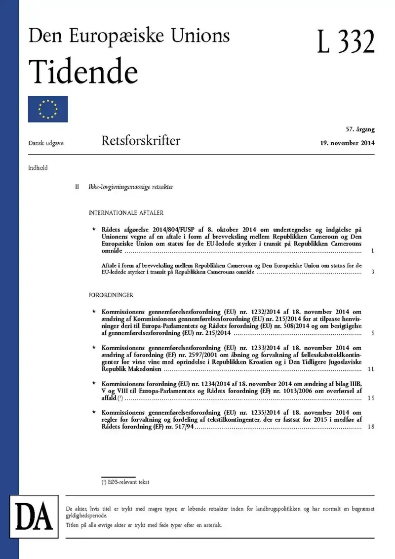 Cover page of the Official Journal of the European Union L 332 Danish edition from 19 November 2014