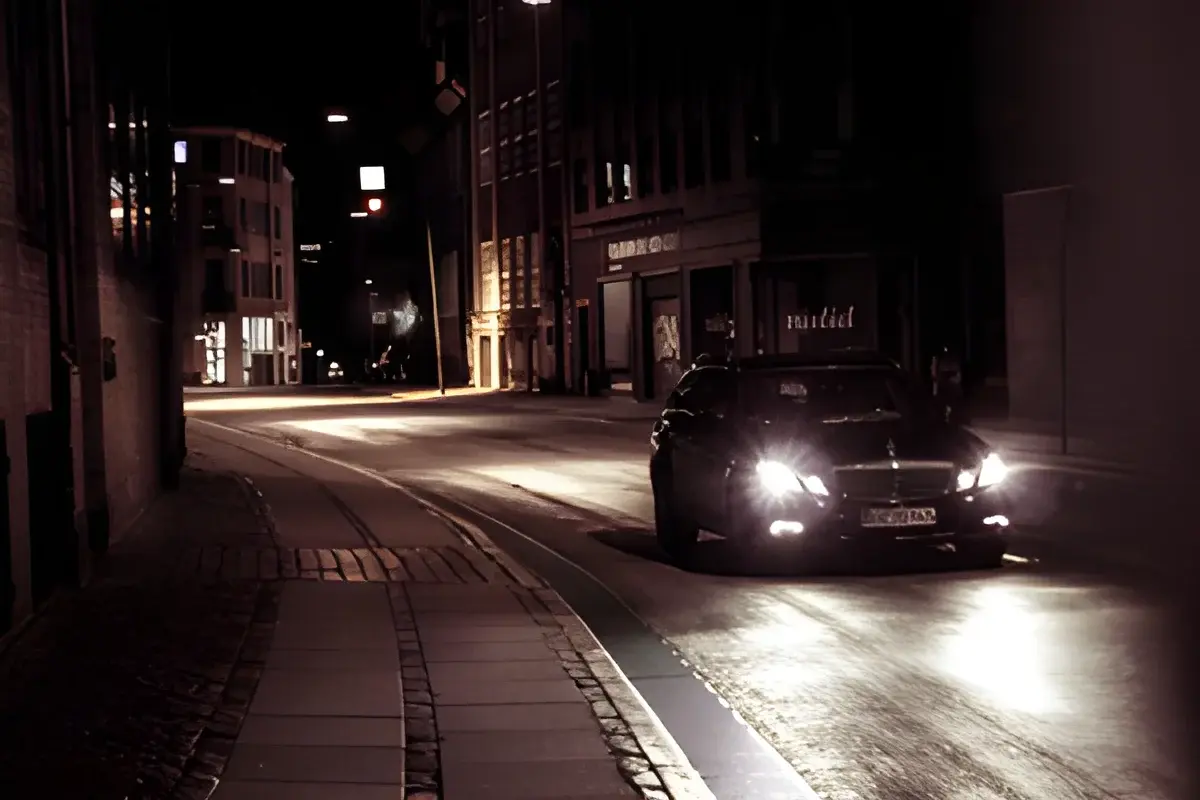 Car driving on quiet urban street at night